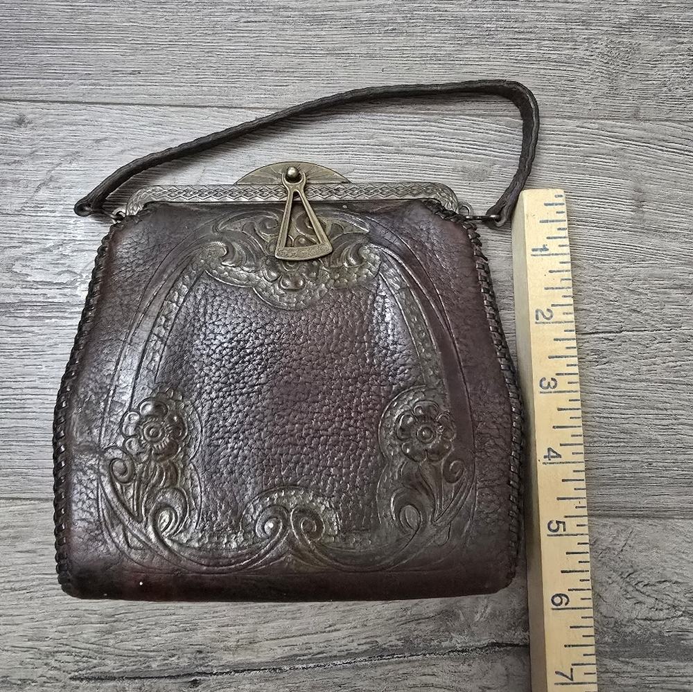 Antique Early 1900's Hand Tooled Leather Hand Bag Art Nouveau Deep Brown - Picture 9 of 13